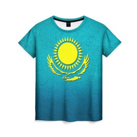 Женская футболка 3D с принтом Флаг Казахстана в Кировске, 100% полиэфир ( синтетическое хлопкоподобное полотно) | прямой крой, круглый вырез горловины, длина до линии бедер | казах | казахский | казахстан | национальный | нация | республика | рк | флаг | флаги