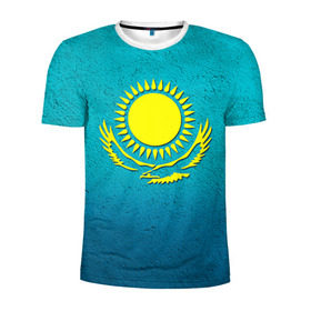 Мужская футболка 3D спортивная с принтом Флаг Казахстана в Кировске, 100% полиэстер с улучшенными характеристиками | приталенный силуэт, круглая горловина, широкие плечи, сужается к линии бедра | Тематика изображения на принте: казах | казахский | казахстан | национальный | нация | республика | рк | флаг | флаги
