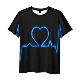 Мужская футболка 3D с принтом Ритм сердца в Кировске, 100% полиэфир | прямой крой, круглый вырез горловины, длина до линии бедер | ритм | сердце | синяя | черная | электро