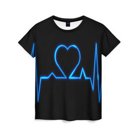 Женская футболка 3D с принтом Ритм сердца в Кировске, 100% полиэфир ( синтетическое хлопкоподобное полотно) | прямой крой, круглый вырез горловины, длина до линии бедер | Тематика изображения на принте: ритм | сердце | синяя | черная | электро
