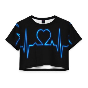 Женская футболка 3D укороченная с принтом Ритм сердца в Кировске, 100% полиэстер | круглая горловина, длина футболки до линии талии, рукава с отворотами | Тематика изображения на принте: ритм | сердце | синяя | черная | электро