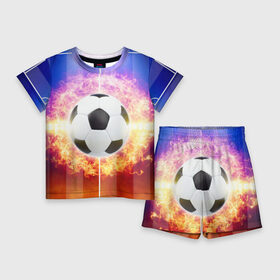 Детский костюм с шортами 3D с принтом Футбол  моя страсть в Кировске,  |  | soccer | взрыв | газон | искры | лига чемпионов | любимая игра | моя жизнь | мяч | огонь | пламя | площадка | развлечение | рфпл | страсть | тренировка | увлечение | футбол | футбольное поле | хобби