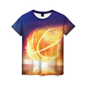 Женская футболка 3D с принтом Огненный мяч в Кировске, 100% полиэфир ( синтетическое хлопкоподобное полотно) | прямой крой, круглый вырез горловины, длина до линии бедер | streetball | баскетбол | взрыв | искры | любимая игра | моя жизнь | мяч | огонь | пламя | развлечение | страсть | тренировка | увлечение | хобби