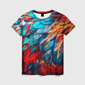 Женская футболка 3D с принтом Перья в Кировске, 100% полиэфир ( синтетическое хлопкоподобное полотно) | прямой крой, круглый вырез горловины, длина до линии бедер | красный | текстура | цветной | яркий