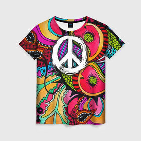 Женская футболка 3D с принтом Хиппи 2 в Кировске, 100% полиэфир ( синтетическое хлопкоподобное полотно) | прямой крой, круглый вырез горловины, длина до линии бедер | hippie | peace | пацифик | хиппи