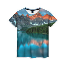 Женская футболка 3D с принтом Неописуемая красота в Кировске, 100% полиэфир ( синтетическое хлопкоподобное полотно) | прямой крой, круглый вырез горловины, длина до линии бедер | горы | канада | красота | лес | небо | облака | озеро | пейзаж | природа | речка