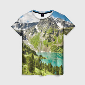 Женская футболка 3D с принтом Озеро в горах в Кировске, 100% полиэфир ( синтетическое хлопкоподобное полотно) | прямой крой, круглый вырез горловины, длина до линии бедер | пейзаж | яркий