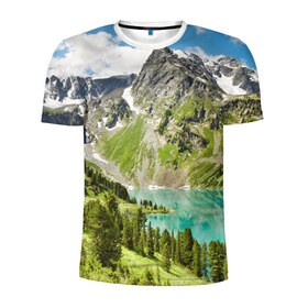 Мужская футболка 3D спортивная с принтом Озеро в горах в Кировске, 100% полиэстер с улучшенными характеристиками | приталенный силуэт, круглая горловина, широкие плечи, сужается к линии бедра | пейзаж | яркий