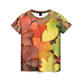 Женская футболка 3D с принтом Осенние листья в Кировске, 100% полиэфир ( синтетическое хлопкоподобное полотно) | прямой крой, круглый вырез горловины, длина до линии бедер | жёлтый | красный | листва | оранжевый | осень