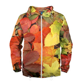 Мужская ветровка 3D с принтом Осенние листья в Кировске, 100% полиэстер | подол и капюшон оформлены резинкой с фиксаторами, два кармана без застежек по бокам, один потайной карман на груди | жёлтый | красный | листва | оранжевый | осень