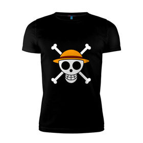 Мужская футболка премиум с принтом Весёлый Роджер Мугивар в Кировске, 92% хлопок, 8% лайкра | приталенный силуэт, круглый вырез ворота, длина до линии бедра, короткий рукав | аниме | большой куш | ван пис | кости | луффи | мугивара | пираты | соломенная | череп | шляпа