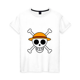 Женская футболка хлопок с принтом Весёлый Роджер Мугивар в Кировске, 100% хлопок | прямой крой, круглый вырез горловины, длина до линии бедер, слегка спущенное плечо | аниме | большой куш | ван пис | кости | луффи | мугивара | пираты | соломенная | череп | шляпа