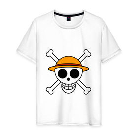 Мужская футболка хлопок с принтом Весёлый Роджер Мугивар в Кировске, 100% хлопок | прямой крой, круглый вырез горловины, длина до линии бедер, слегка спущенное плечо. | аниме | большой куш | ван пис | кости | луффи | мугивара | пираты | соломенная | череп | шляпа