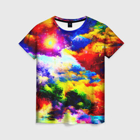Женская футболка 3D с принтом Краска в Кировске, 100% полиэфир ( синтетическое хлопкоподобное полотно) | прямой крой, круглый вырез горловины, длина до линии бедер | краска | облака | разноцветный | яркий