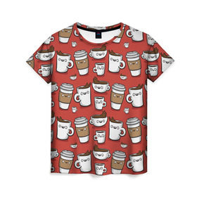 Женская футболка 3D с принтом Веселые чашки кофе в Кировске, 100% полиэфир ( синтетическое хлопкоподобное полотно) | прямой крой, круглый вырез горловины, длина до линии бедер | паттерн