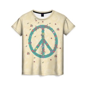 Женская футболка 3D с принтом Peace в Кировске, 100% полиэфир ( синтетическое хлопкоподобное полотно) | прямой крой, круглый вырез горловины, длина до линии бедер | peace | мир | пис | хиппи | цветы