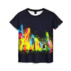 Женская футболка 3D с принтом Взрыв красок в Кировске, 100% полиэфир ( синтетическое хлопкоподобное полотно) | прямой крой, круглый вырез горловины, длина до линии бедер | абстракция | абстракция красок | брызги | краска | цветные