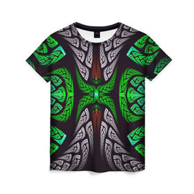 Женская футболка 3D с принтом Трайбл в Кировске, 100% полиэфир ( синтетическое хлопкоподобное полотно) | прямой крой, круглый вырез горловины, длина до линии бедер | зелёный | паттерн | текстура | цветной