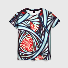 Женская футболка 3D с принтом Абстрактный узор в Кировске, 100% полиэфир ( синтетическое хлопкоподобное полотно) | прямой крой, круглый вырез горловины, длина до линии бедер | белый | калейдоскоп | красный | паттерн | спирали