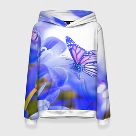 Женская толстовка 3D с принтом Бабочки в Кировске, 100% полиэстер  | двухслойный капюшон со шнурком для регулировки, мягкие манжеты на рукавах и по низу толстовки, спереди карман-кенгуру с мягким внутренним слоем. | бабочки | красота | природа | синяя | цветы