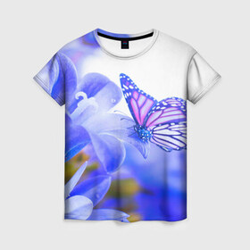 Женская футболка 3D с принтом Бабочки в Кировске, 100% полиэфир ( синтетическое хлопкоподобное полотно) | прямой крой, круглый вырез горловины, длина до линии бедер | бабочки | красота | природа | синяя | цветы