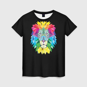 Женская футболка 3D с принтом Lion color в Кировске, 100% полиэфир ( синтетическое хлопкоподобное полотно) | прямой крой, круглый вырез горловины, длина до линии бедер | lion | голова животного | кот | кошка | лев | цвет