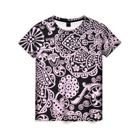Женская футболка 3D с принтом Узоры в Кировске, 100% полиэфир ( синтетическое хлопкоподобное полотно) | прямой крой, круглый вырез горловины, длина до линии бедер | кружево | розовый | цветы