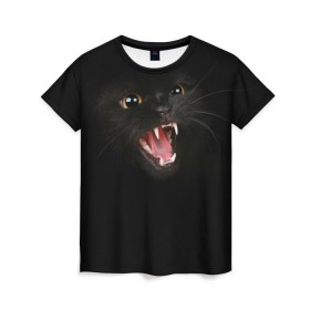 Женская футболка 3D с принтом Чёрный кот в Кировске, 100% полиэфир ( синтетическое хлопкоподобное полотно) | прямой крой, круглый вырез горловины, длина до линии бедер | киска | кот | кошка
