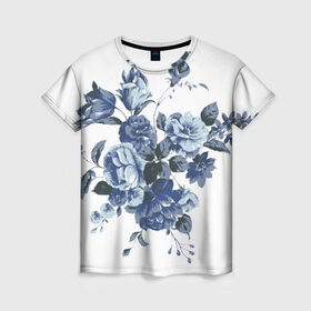 Женская футболка 3D с принтом Синие цветы в Кировске, 100% полиэфир ( синтетическое хлопкоподобное полотно) | прямой крой, круглый вырез горловины, длина до линии бедер | розы | синие розы | узор | цветы