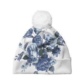 Шапка 3D c помпоном с принтом Синие цветы в Кировске, 100% полиэстер | универсальный размер, печать по всей поверхности изделия | розы | синие розы | узор | цветы
