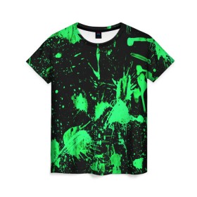 Женская футболка 3D с принтом Брызги красок в Кировске, 100% полиэфир ( синтетическое хлопкоподобное полотно) | прямой крой, круглый вырез горловины, длина до линии бедер | зеленый | кляксы | паттерн | черный