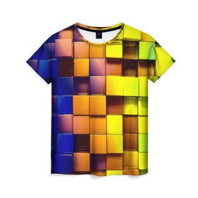 Женская футболка 3D с принтом Кубики в Кировске, 100% полиэфир ( синтетическое хлопкоподобное полотно) | прямой крой, круглый вырез горловины, длина до линии бедер | квадраты | паттерн | текстура | цветной | яркий