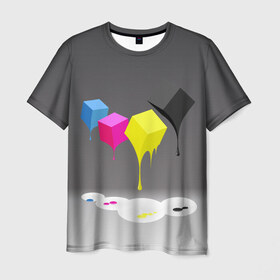 Мужская футболка 3D с принтом Краски-кубики в Кировске, 100% полиэфир | прямой крой, круглый вырез горловины, длина до линии бедер | Тематика изображения на принте: жёлтый | краски | кубики | розовый | стекают | цвета | чёрный