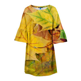 Детское платье 3D с принтом Осенние листья в Кировске, 100% полиэстер | прямой силуэт, чуть расширенный к низу. Круглая горловина, на рукавах — воланы | жёлтый | зелёный | клён | листва