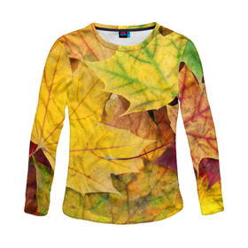 Женский лонгслив 3D с принтом Осенние листья в Кировске, 100% полиэстер | длинные рукава, круглый вырез горловины, полуприлегающий силуэт | жёлтый | зелёный | клён | листва