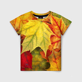 Детская футболка 3D с принтом Кленовые листья в Кировске, 100% гипоаллергенный полиэфир | прямой крой, круглый вырез горловины, длина до линии бедер, чуть спущенное плечо, ткань немного тянется | Тематика изображения на принте: жёлтый | зелёный | красный | листва | оранжевый | осень
