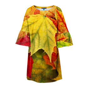 Детское платье 3D с принтом Кленовые листья в Кировске, 100% полиэстер | прямой силуэт, чуть расширенный к низу. Круглая горловина, на рукавах — воланы | жёлтый | зелёный | красный | листва | оранжевый | осень