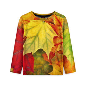 Детский лонгслив 3D с принтом Кленовые листья в Кировске, 100% полиэстер | длинные рукава, круглый вырез горловины, полуприлегающий силуэт
 | жёлтый | зелёный | красный | листва | оранжевый | осень