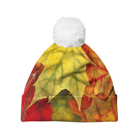 Шапка 3D c помпоном с принтом Кленовые листья в Кировске, 100% полиэстер | универсальный размер, печать по всей поверхности изделия | жёлтый | зелёный | красный | листва | оранжевый | осень