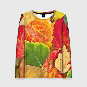 Женский лонгслив 3D с принтом Осень в Кировске, 100% полиэстер | длинные рукава, круглый вырез горловины, полуприлегающий силуэт | берёза | дары осени | жёлтый | зелёный | золотой | краски | красный | красота | листва | листья | наряд | оранжевый | осень | осина | покров | природа