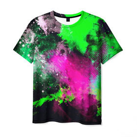 Мужская футболка 3D с принтом Брызги красок в Кировске, 100% полиэфир | прямой крой, круглый вырез горловины, длина до линии бедер | кляксы | разноцветный | яркий