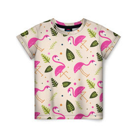 Детская футболка 3D с принтом Фламинго в Кировске, 100% гипоаллергенный полиэфир | прямой крой, круглый вырез горловины, длина до линии бедер, чуть спущенное плечо, ткань немного тянется | Тематика изображения на принте: абстракция | арт | листья | фламинго | хипстеры