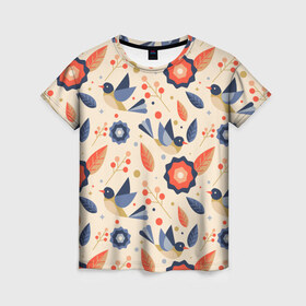 Женская футболка 3D с принтом Птички синички в Кировске, 100% полиэфир ( синтетическое хлопкоподобное полотно) | прямой крой, круглый вырез горловины, длина до линии бедер | абстракция | арт | птицы | рябина | синички | цветы