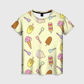 Женская футболка 3D с принтом Мороженки в Кировске, 100% полиэфир ( синтетическое хлопкоподобное полотно) | прямой крой, круглый вырез горловины, длина до линии бедер | ice | icecream | арт | еда | мороженое