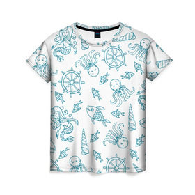 Женская футболка 3D с принтом Морская живность в Кировске, 100% полиэфир ( синтетическое хлопкоподобное полотно) | прямой крой, круглый вырез горловины, длина до линии бедер | абстракция | арт | море | осьминог | русалки