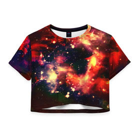 Женская футболка 3D укороченная с принтом Абстракция в Кировске, 100% полиэстер | круглая горловина, длина футболки до линии талии, рукава с отворотами | галактика | звезды | красный | темный | туманность
