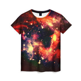 Женская футболка 3D с принтом Абстракция в Кировске, 100% полиэфир ( синтетическое хлопкоподобное полотно) | прямой крой, круглый вырез горловины, длина до линии бедер | галактика | звезды | красный | темный | туманность