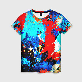 Женская футболка 3D с принтом Абстракция красок в Кировске, 100% полиэфир ( синтетическое хлопкоподобное полотно) | прямой крой, круглый вырез горловины, длина до линии бедер | брызги | кляксы | цветной | яркий
