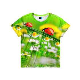 Детская футболка 3D с принтом Макро в Кировске, 100% гипоаллергенный полиэфир | прямой крой, круглый вырез горловины, длина до линии бедер, чуть спущенное плечо, ткань немного тянется | божья коровка | насекомые | одуванчик | природа | цветы