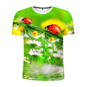 Мужская футболка 3D спортивная с принтом Макро в Кировске, 100% полиэстер с улучшенными характеристиками | приталенный силуэт, круглая горловина, широкие плечи, сужается к линии бедра | Тематика изображения на принте: божья коровка | насекомые | одуванчик | природа | цветы